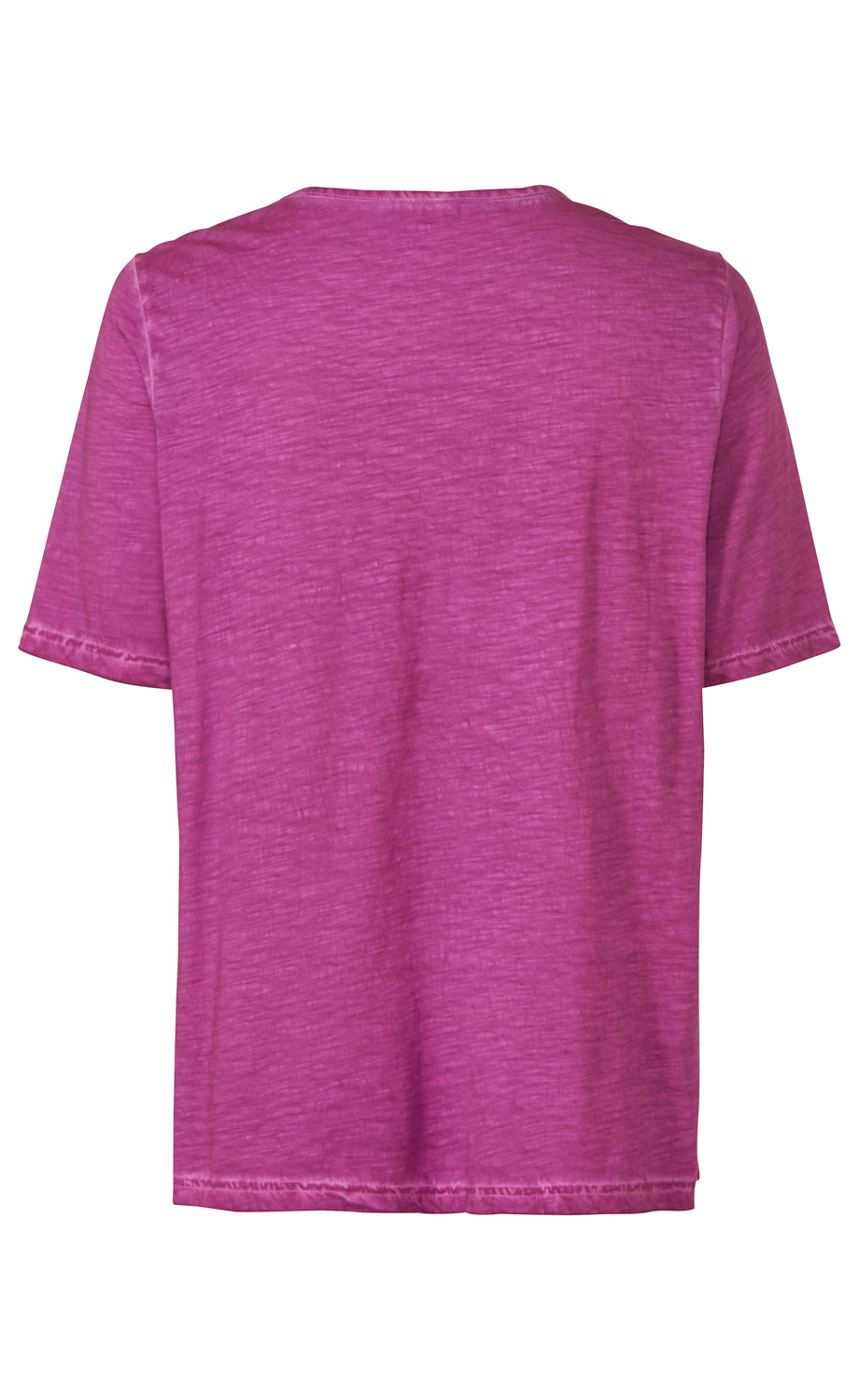 Rückansicht eines kurzärmligen Baumwoll-Shirts in Pink mit Rundhalsausschnitt, schlicht und ohne Muster, aus leicht strukturiertem Stoff.