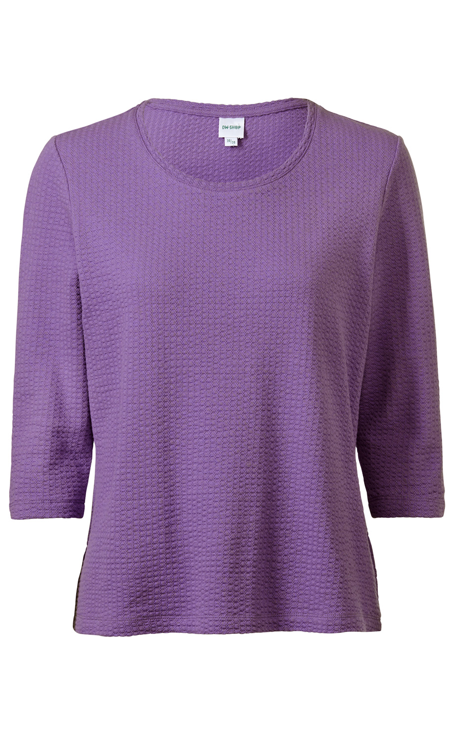 Baumwoll-Mix-Shirt in Violett mit 3/4-Ärmeln, Rundhalsausschnitt und feiner, strukturierter Waffeloptik, locker geschnitten