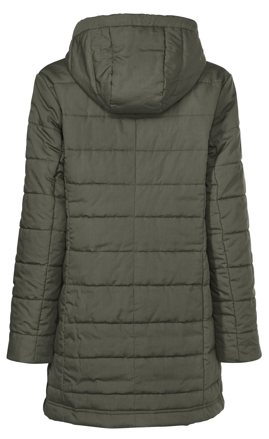 Dunkelgrüne, gesteppte Damenjacke mit Kapuze, langärmlig, tailliert, sichtbarer Rückenansicht, leicht gepolstert, mittellange Länge, schlichte Optik ohne sichtbare Verschlüsse oder Muster.