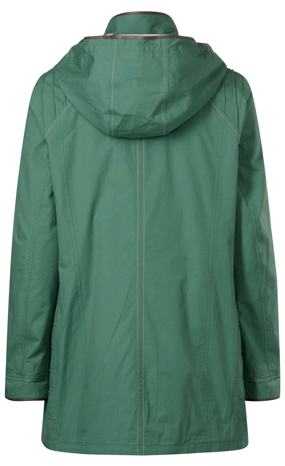 grüne Baumwoll-Jacke mit Kapuze, lange Ärmel, sichtbare hellbraune Nähte, locker geschnitten, Rückansicht, Ärmelbündchen mit dunkelbraunem Rand, hinten längere Passform, schlichtes Design