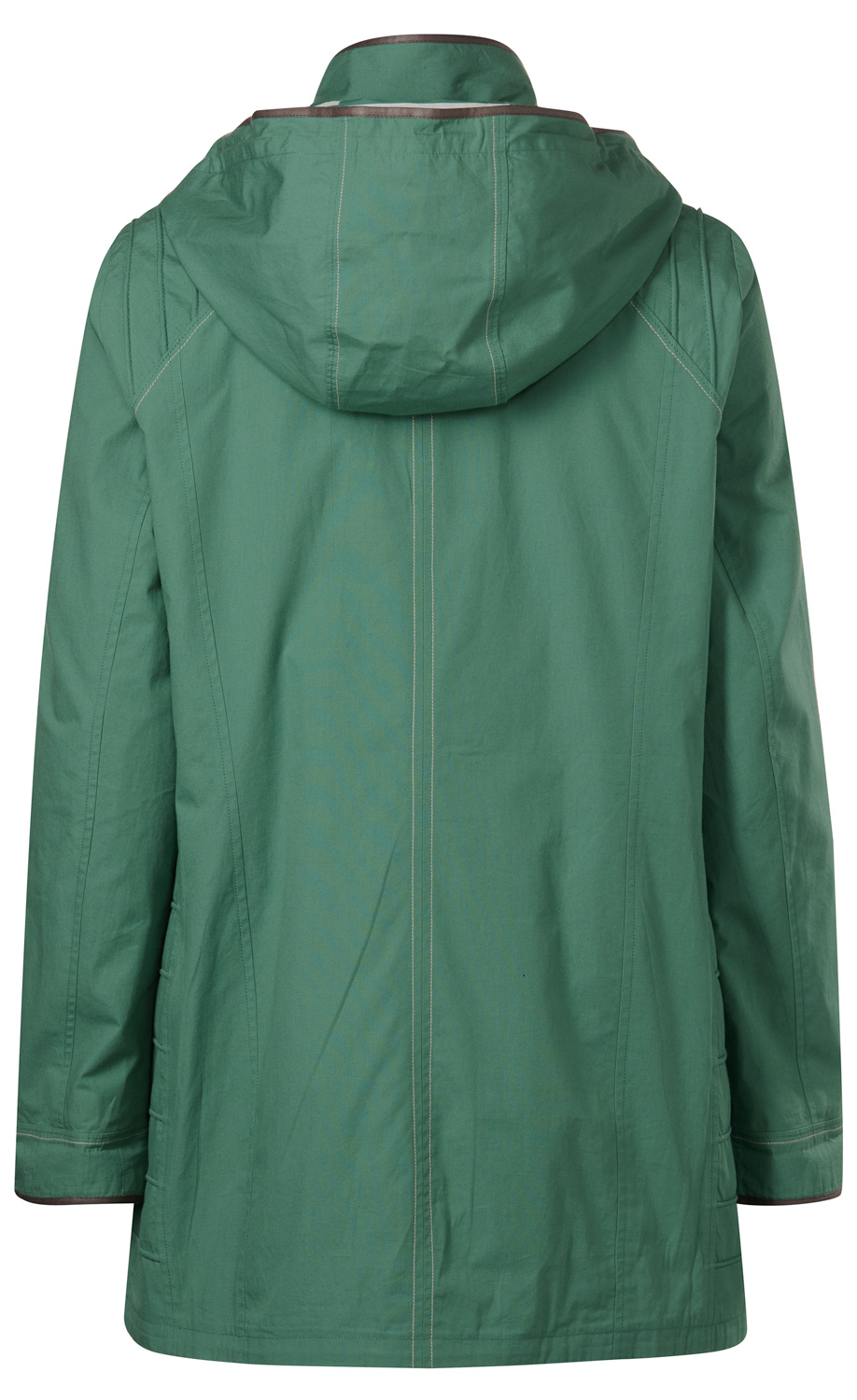 grüne Baumwoll-Jacke mit Kapuze, lange Ärmel, sichtbare hellbraune Nähte, locker geschnitten, Rückansicht, Ärmelbündchen mit dunkelbraunem Rand, hinten längere Passform, schlichtes Design