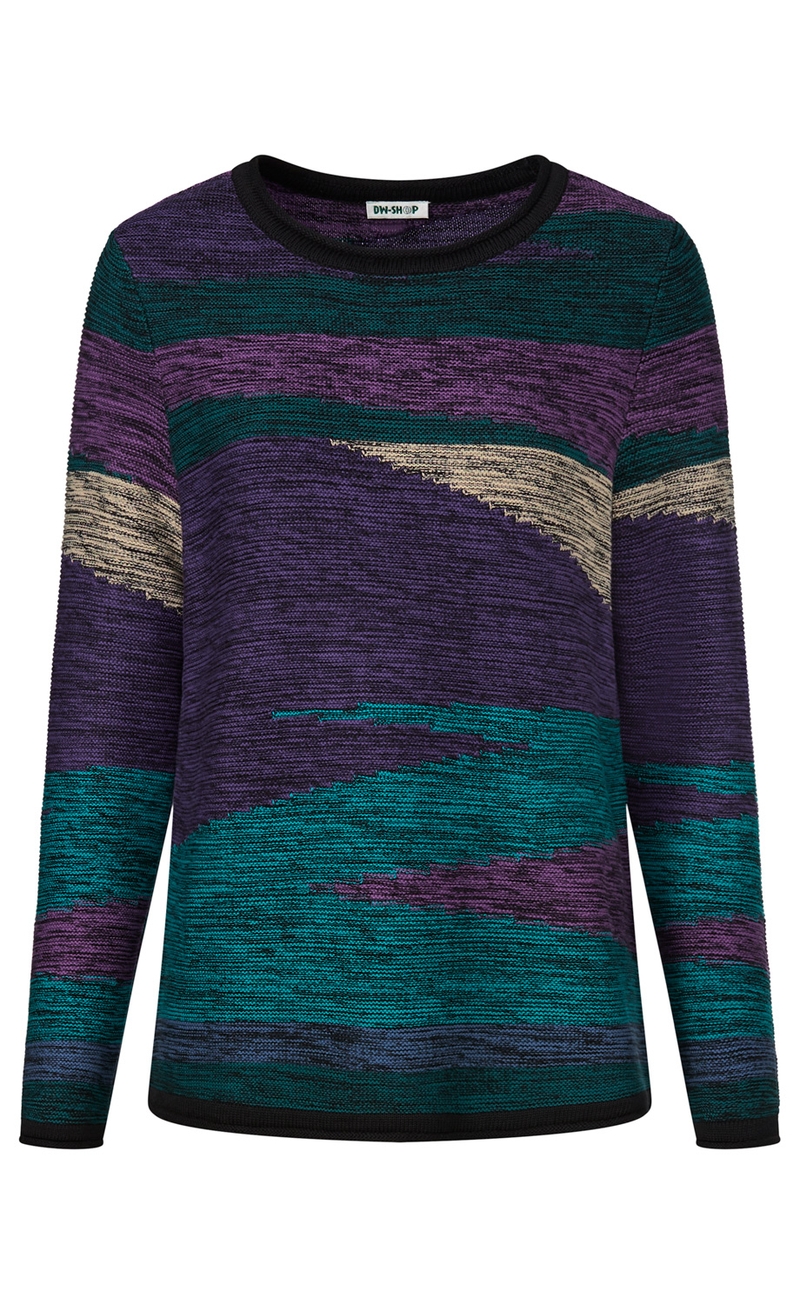 langärmliger Pullover mit rundem Ausschnitt, gemustert in Lila, Türkis, Beige und Schwarz, gestrickt mit abstrakten, gezackten Linien, gerade Passform, schwarzer Saum am Halsausschnitt und Bund