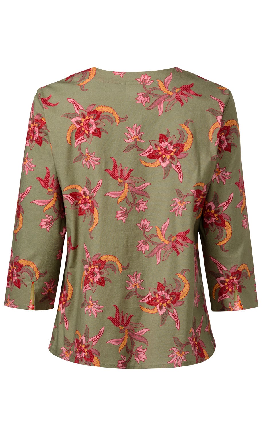 Rückansicht einer Baumwoll-Mix-Bluse in Olivgrün mit dreiviertellangen Ärmeln und Blumenmuster in Rot-, Pink- und Gelbtönen