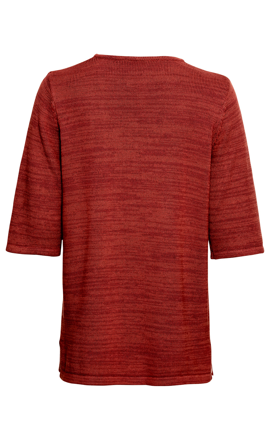 Baumwoll-Pullover in rostrot, Rückansicht, halblange Ärmel, feine Strickstruktur, Rundhalsausschnitt, gerade Passform, schlichtes Design