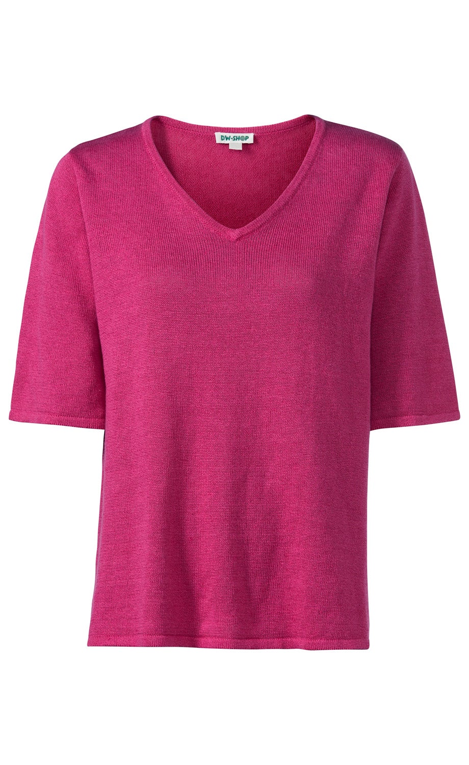 Leinen-Mix-Pullover in Pink, kurzärmlig, mit V-Ausschnitt, gerade geschnitten, feine Strickstruktur, leichter Stoff, locker sitzend, schlichtes Design