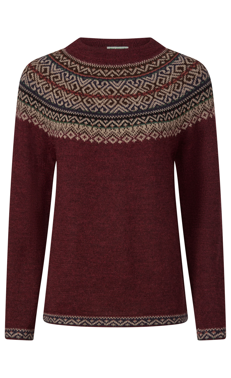 Dunkelroter Pullover mit rundem Kragen und traditionellen, mehrfarbigen Fair-Isle-Mustern in Beige, Blau und Grün an Kragen, Ärmeln und Saum, mittellang, langärmlig, aus Strickmaterial