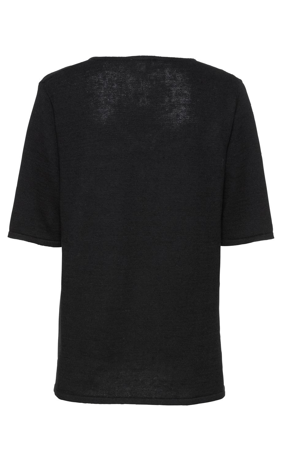 Schwarzer Leinen-Mix-Pullover mit kurzen Ärmeln, gerade geschnitten, schlichte Rückansicht, leichter Strukturstrick, lockere Passform, minimal transparentes Material, unifarbener Stoff ohne Muster oder Verzierungen
