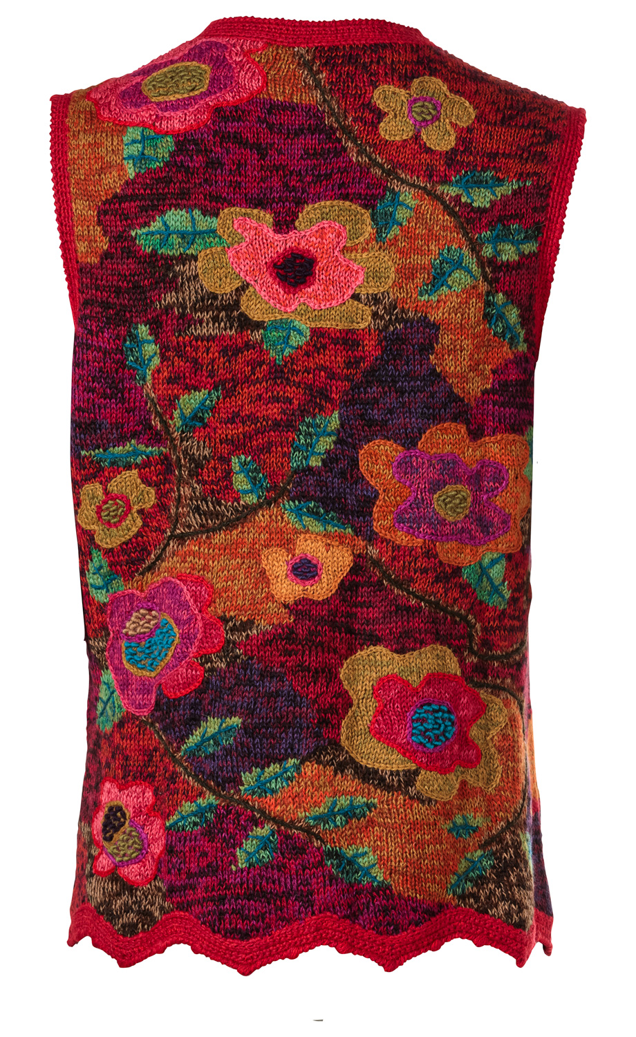 rote Alpaka-Weste mit buntem, handgestricktem Blumenmuster, grüne Blätter, mehrfarbige Blüten in Pink, Orange, Gelb und Blau, wellenförmiger Saumabschluss, ohne Ärmel, engmaschig gestrickt