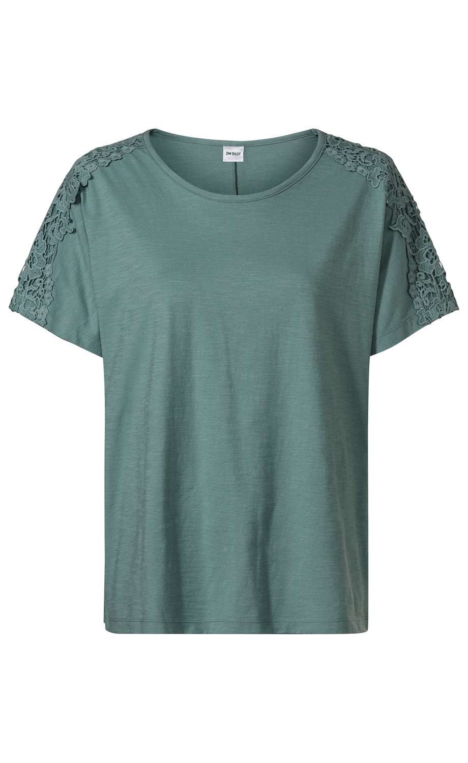 Baumwoll-Shirt in Hellgrün mit Rundhalsausschnitt und kurzen Ärmeln, Ornamente aus floraler Spitze auf den Schultern, gerade geschnitten, schlichtes Design