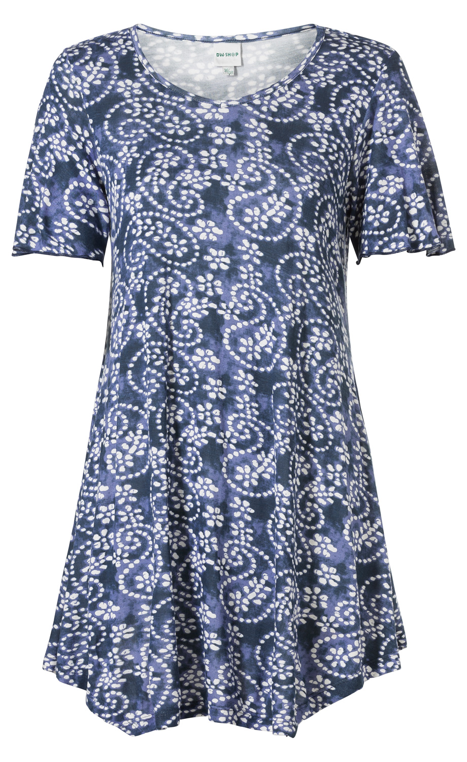 Damen Viskose-Shirt in Blau mit weißem Paisley-Muster, kurzärmelig, Rundhalsausschnitt, locker geschnitten, leicht ausgestellte Form, weicher, fließender Stoff