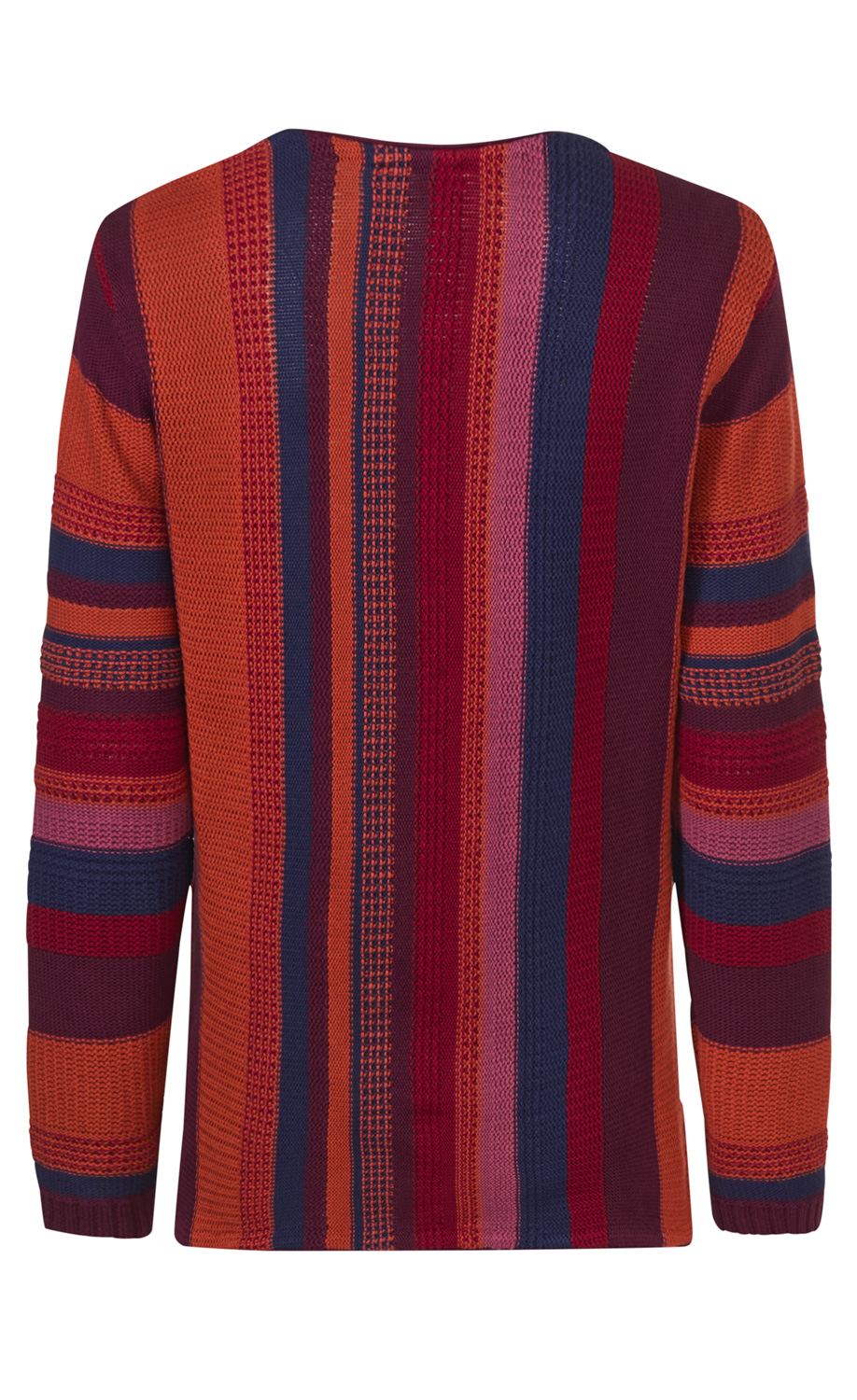 Baumwoll-Pullover mit langen Ärmeln, rechteckigem Schnitt, rückseitig, mehrfarbiges Streifenmuster in Orange, Dunkelrot, Blau und Rosa, grob gestrickte Struktur