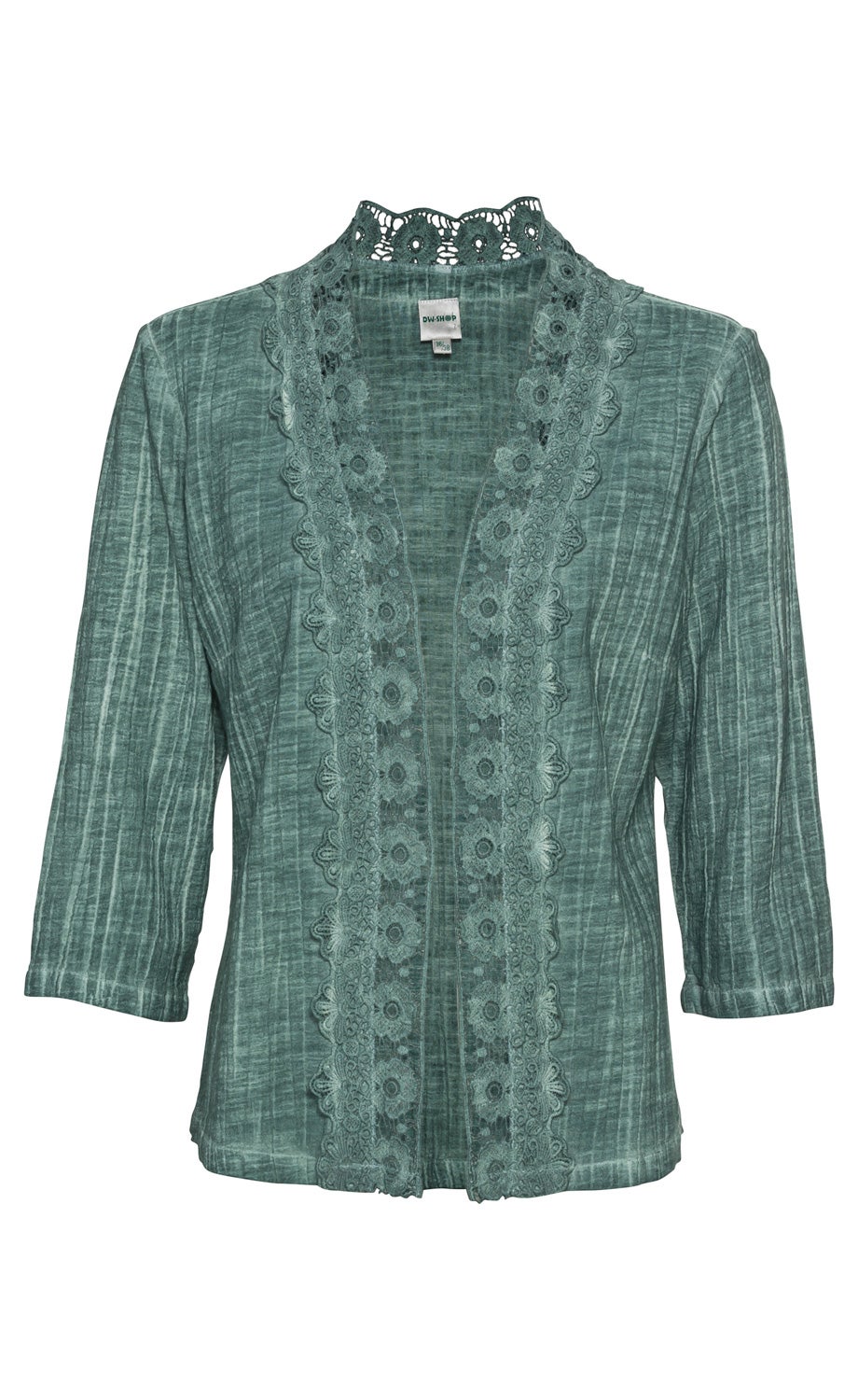 grüne Baumwoll-Jacke mit 3/4 Ärmeln, mit Spitze verzierter V-Ausschnitt und Stehkragen, strukturierte Oberfläche mit feinen Streifen, leichte und elegante Damenjacke