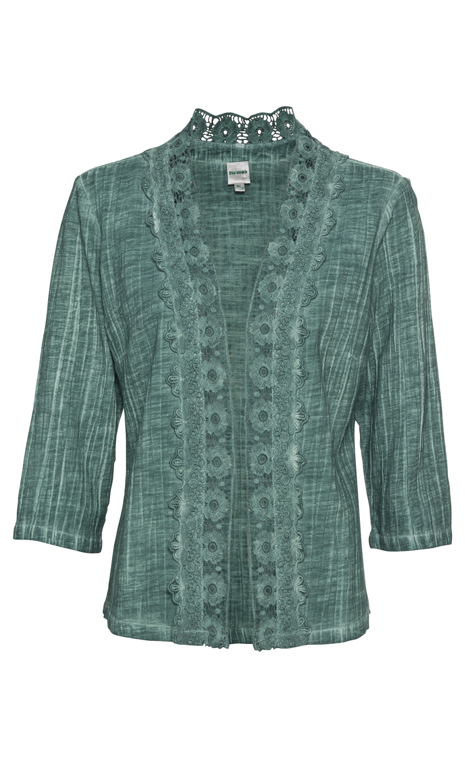 grüne Baumwoll-Jacke mit 3/4 Ärmeln, mit Spitze verzierter V-Ausschnitt und Stehkragen, strukturierte Oberfläche mit feinen Streifen, leichte und elegante Damenjacke