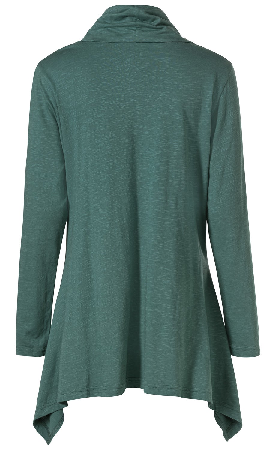Baumwoll-Shirt in grün mit langem Arm, asymmetrischem Saum und weiter Passform, Rückansicht, leichter Stoff mit meliertem Effekt, rollkragenähnlicher Kragen.