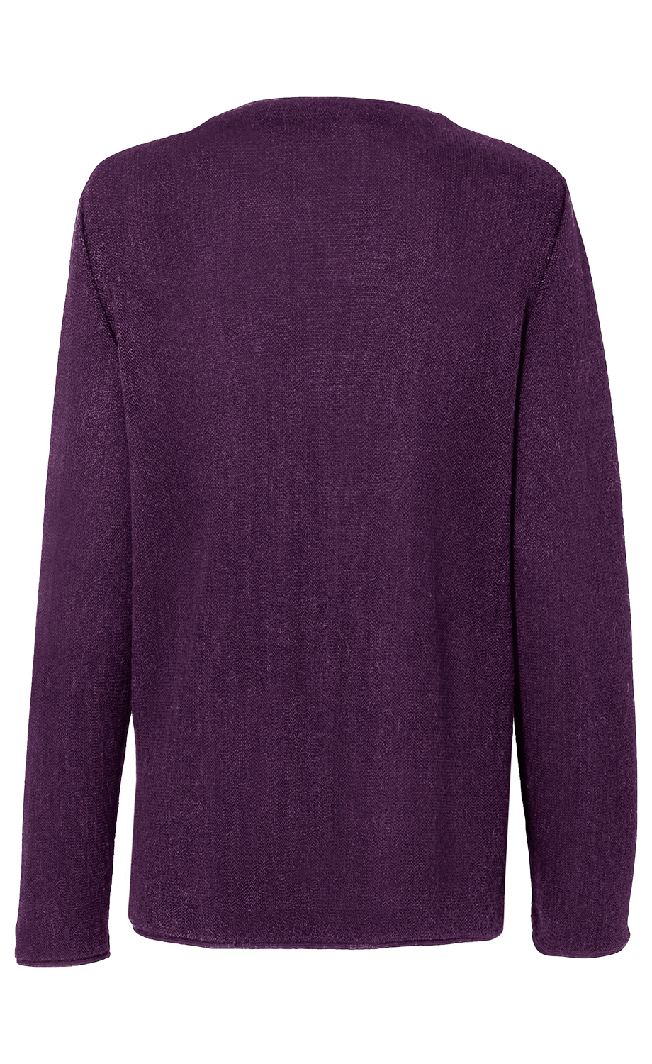 Dunkellila Alpaka-Strickjacke mit langem Arm und schlichtem Design, Rückansicht, weiches, feines Strickmaterial ohne Muster oder Verzierungen, gerader Saumabschluss