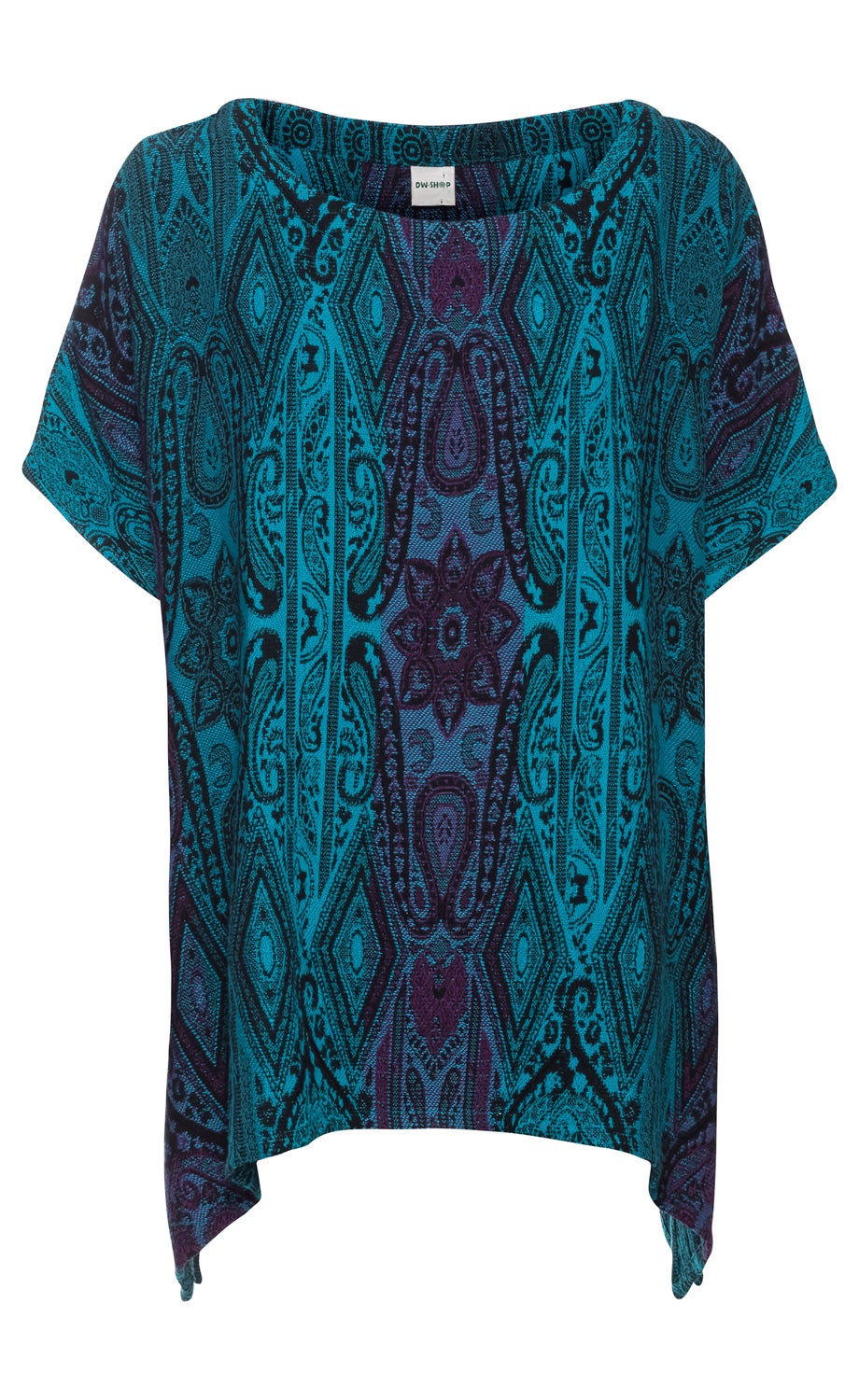 Viskose-Bluse mit blau-lila Paisley-Muster, kurzen Ärmeln, rundem Halsausschnitt und asymmetrischem Saum, locker geschnitten