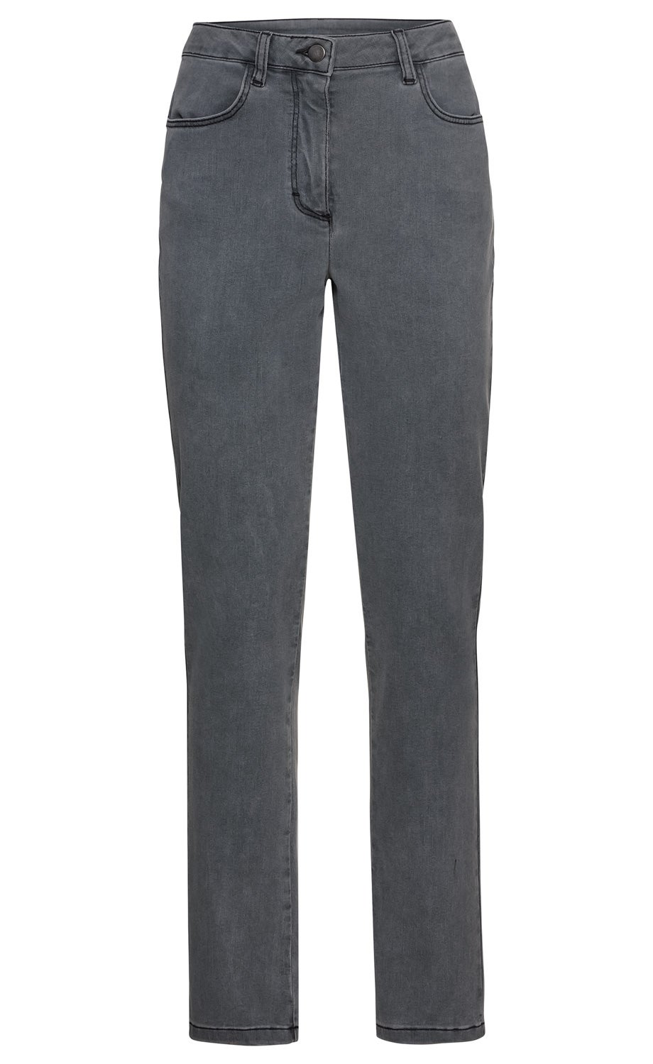Dunkelgraue Baumwoll-Mix-Hose mit geradem Bein, zwei Eingrifftaschen, Gürtelschlaufen und Knopfverschluss, schlichtes Design ohne Muster, auf weißem Hintergrund