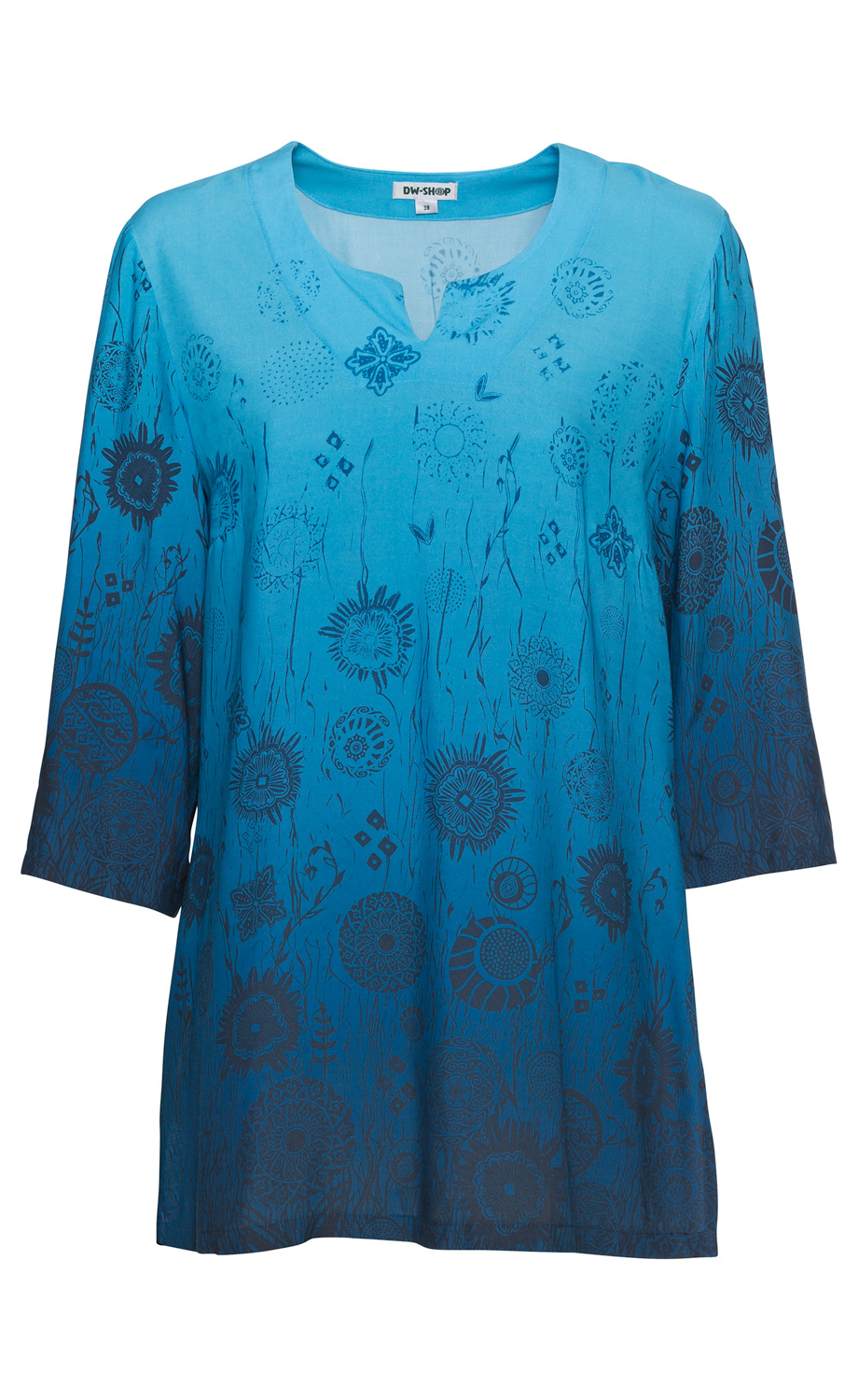 türkisblaue Viskose-Bluse mit floralem Muster in dunkleren Blautönen, 3/4-Ärmeln, Rundhalsausschnitt mit kleinem Schlitz, locker geschnitten
