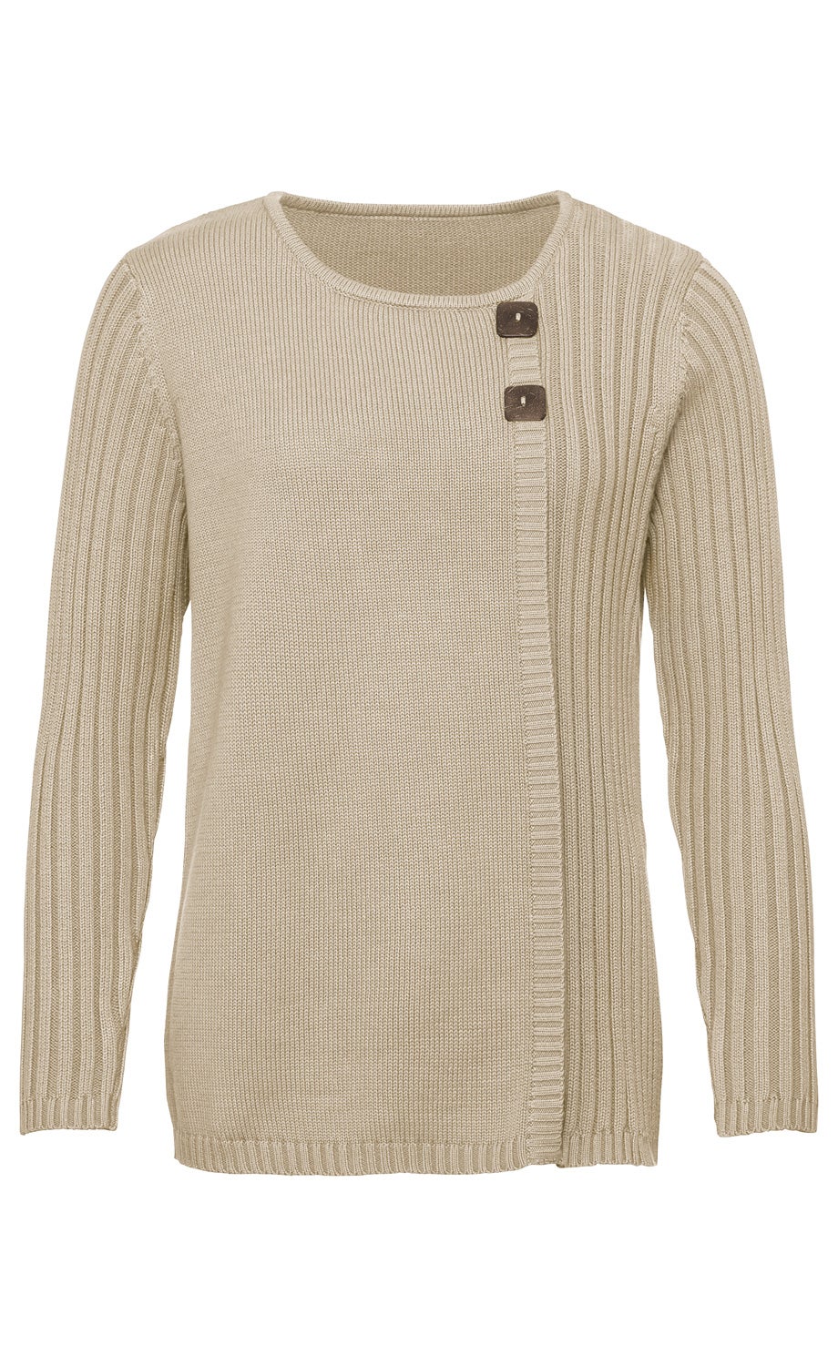 Beiger Baumwoll-Pullover mit rundem Ausschnitt, langen gerippten Ärmeln, asymmetrischem Rippmuster auf der Vorderseite und zwei dekorativen dunklen Knöpfen am oberen linken Vorderteil