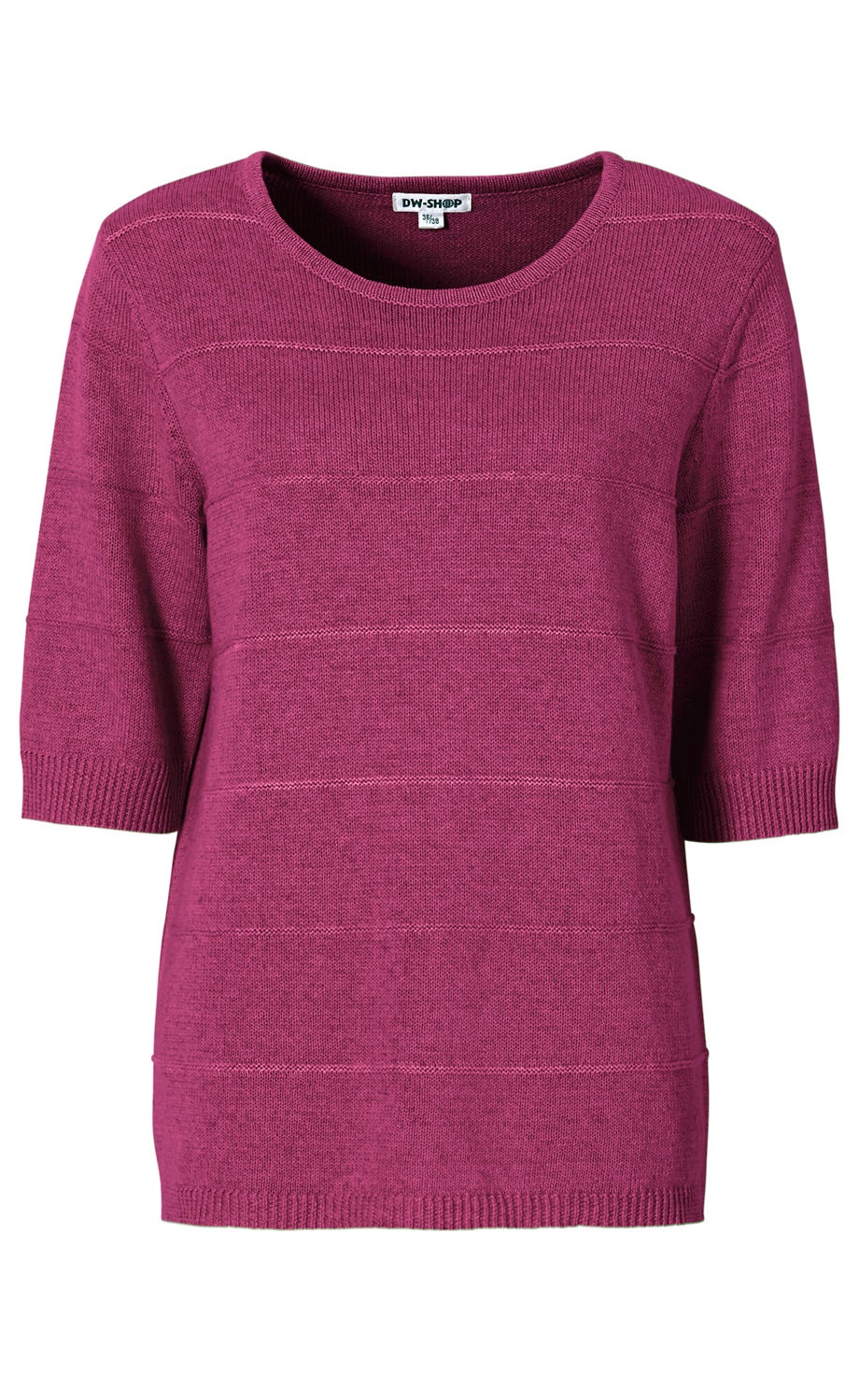 Leinen-Mix-Pullover in dunklem Pink mit Rundhalsausschnitt, kurzen Ärmeln bis zum Ellenbogen, feiner Struktur und horizontaler Rippenstruktur, geradem Schnitt und elastischem Bundabschluss am Saum und an den Ärmeln