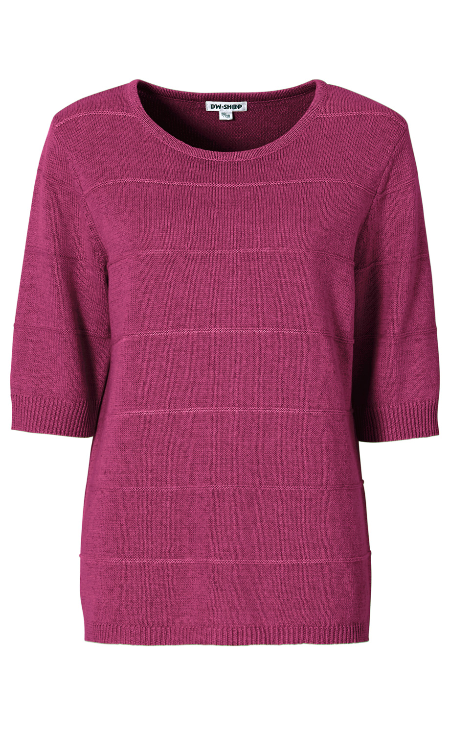 Leinen-Mix-Pullover in dunklem Pink mit Rundhalsausschnitt, kurzen Ärmeln bis zum Ellenbogen, feiner Struktur und horizontaler Rippenstruktur, geradem Schnitt und elastischem Bundabschluss am Saum und an den Ärmeln
