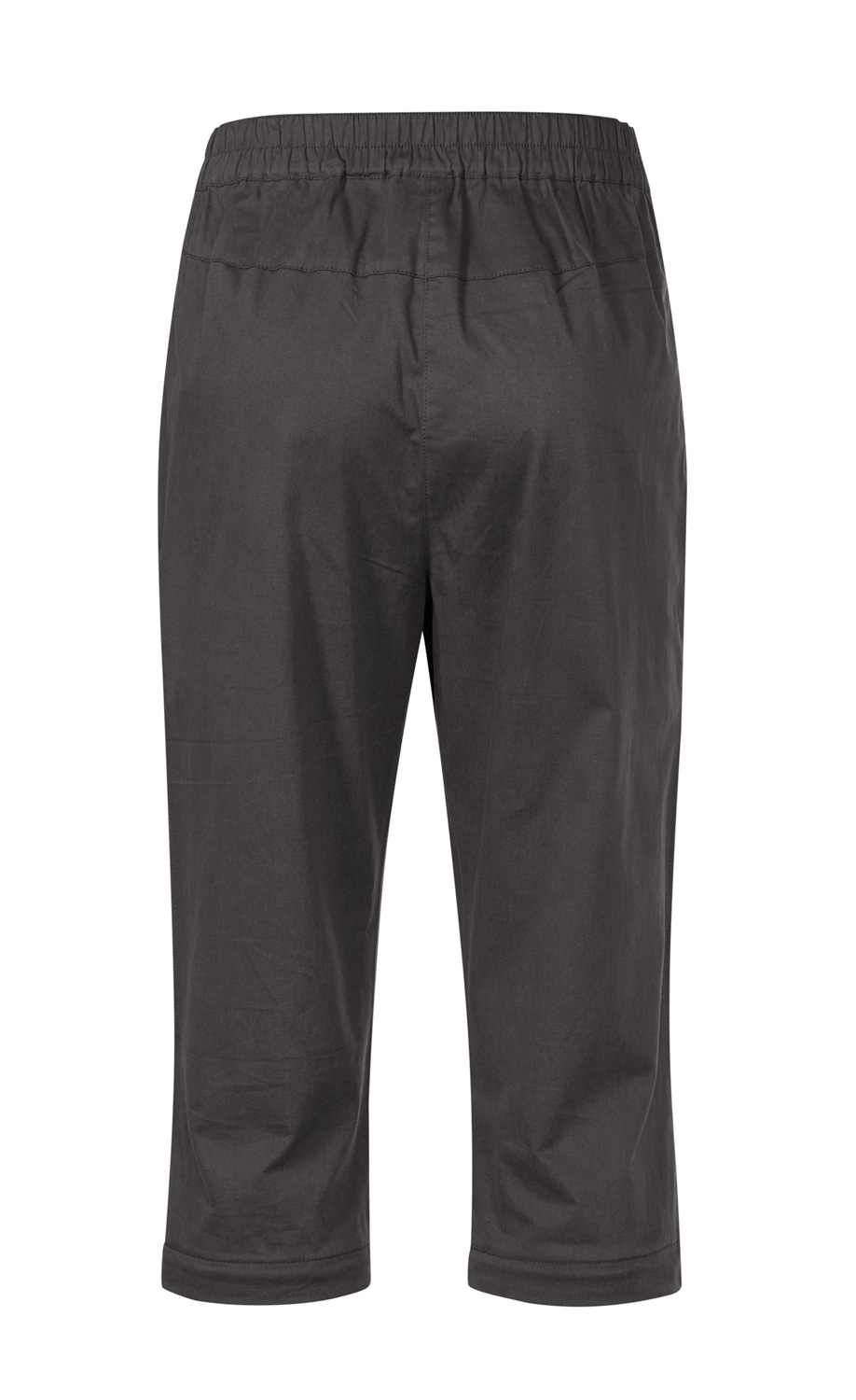 Dunkelgraue Baumwoll-Mix-Hose mit elastischem Bund, dreiviertellanger Beinlänge, geradem Schnitt und sauber verarbeiteten Nähten, Rückansicht ohne Taschen oder zusätzliche Details.