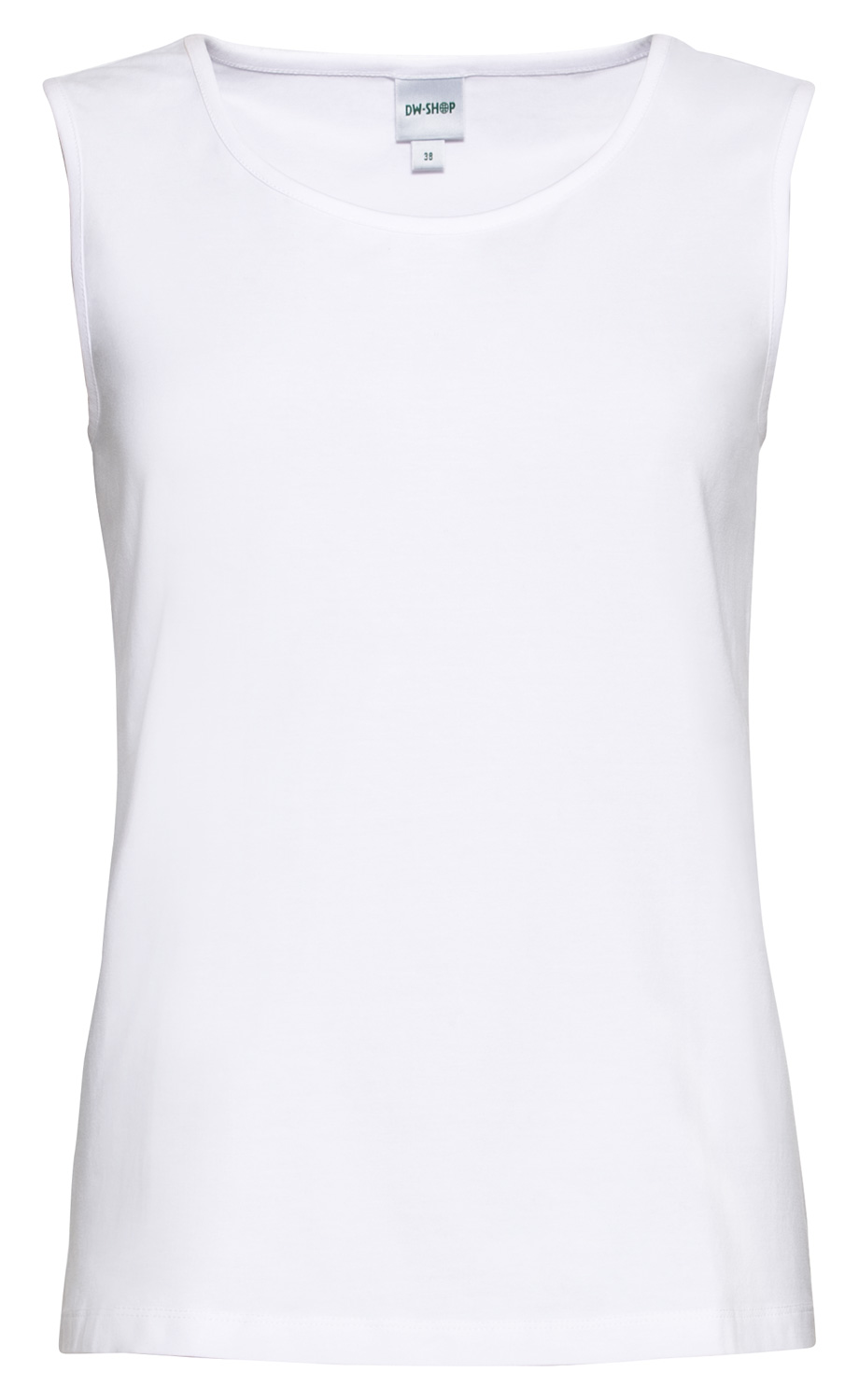 weißes ärmelloses Baumwoll-Mix-Top mit Rundhalsausschnitt, gerade geschnitten, ohne Muster, schlichtes Design, Etikett innen mit Größe 38