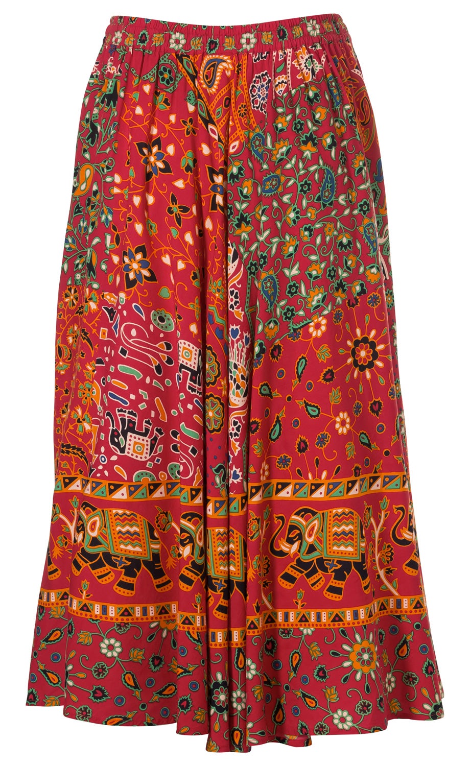 Viskose-Rock mit weitem Schnitt, rotem Grund, buntem Ethno-Muster mit floralen und Paisley-Elementen sowie Elefantenmotiven, elastischem Bund und leichter Faltenstruktur