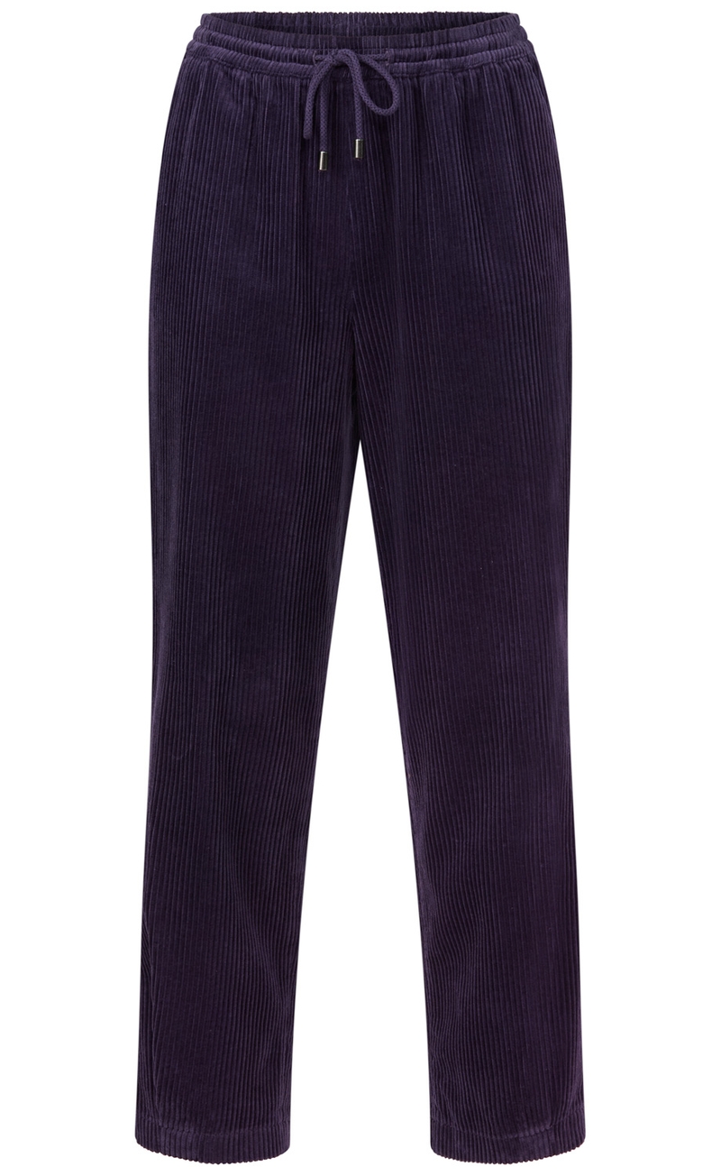 Dunkelblaue Cordhose mit elastischem Bund und Schnürzug, gerade geschnitten, aufweißem Hintergrund, ohne sichtbare Markenlogos oder Muster