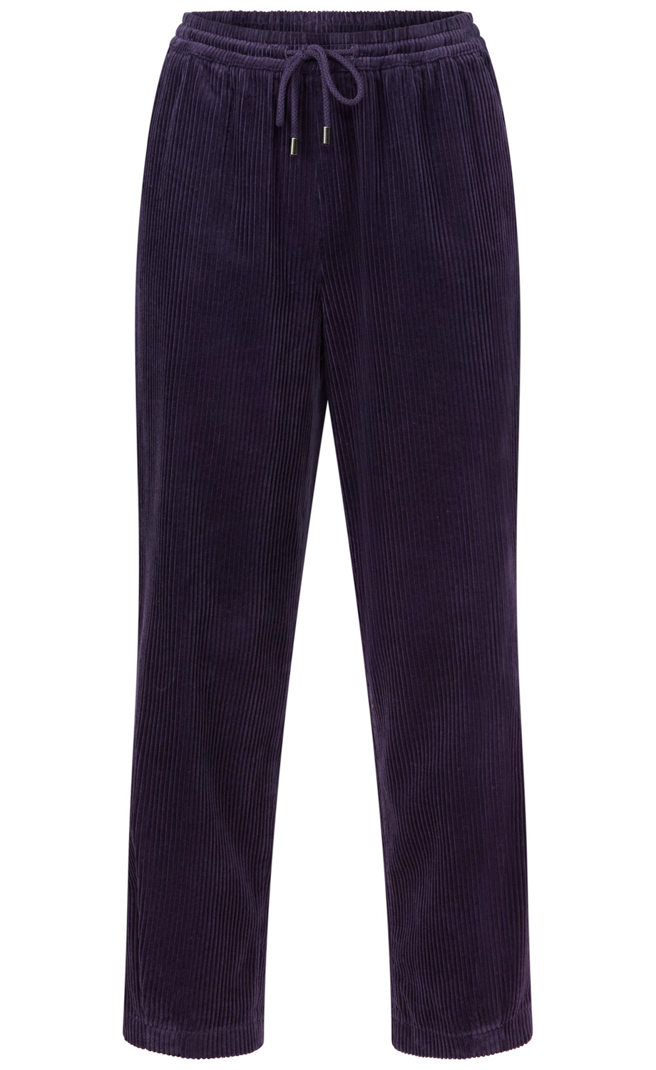 Dunkelblaue Cordhose mit elastischem Bund und Schnürzug, gerade geschnitten, aufweißem Hintergrund, ohne sichtbare Markenlogos oder Muster