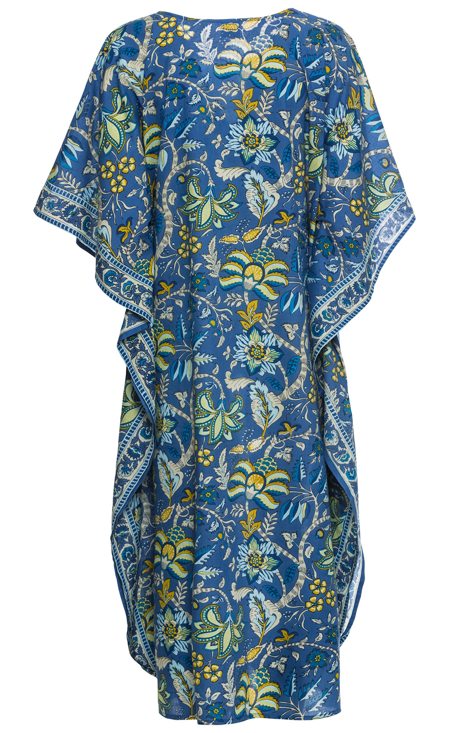 Baumwoll-Kaftan in Blau mit gelb-weißem floralem Muster, locker fallend, mit weitem Schnitt und dekorativem Bordürenmuster an Saum und Ärmeln, Rückansicht.