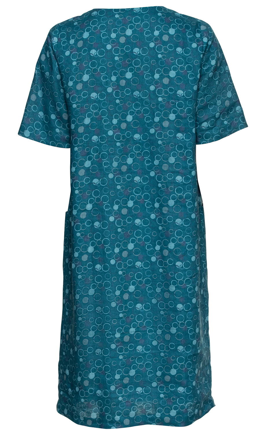 Rückenansicht Leinen-Kleid in petrolblau mit kurzem Arm, geradem Schnitt und rundem Ausschnitt, bedruckt mit verschiedenen hellblauen und türkisfarbenen Kreis- und Punktmustern, aus leichtem Leinenstoff