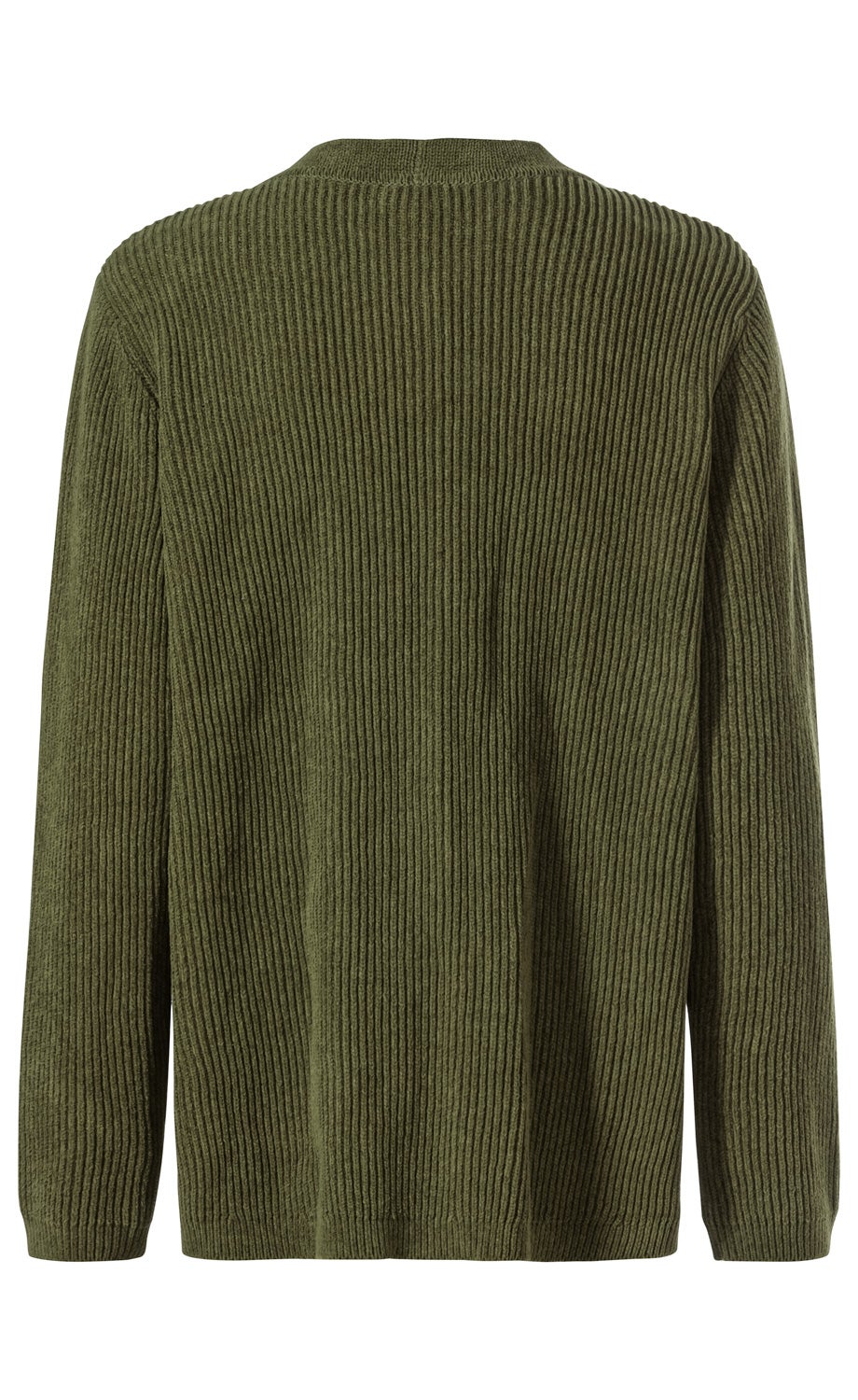Rückansicht einer olivgrünen Baumwoll-Strickjacke mit geripptem Muster, langem Arm, Rundhalsausschnitt und normaler Passform