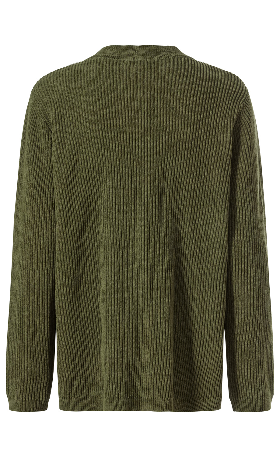 Rückansicht einer olivgrünen Baumwoll-Strickjacke mit geripptem Muster, langem Arm, Rundhalsausschnitt und normaler Passform