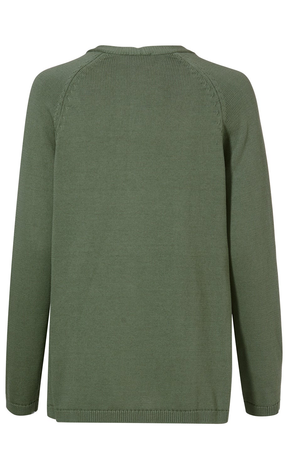 Rückansicht einer olivgrünen Baumwoll-Strickjacke mit langem Arm, Rundhalsausschnitt und feiner Strickstruktur, Saum und Ärmelenden mit Rippenstrickabschluss