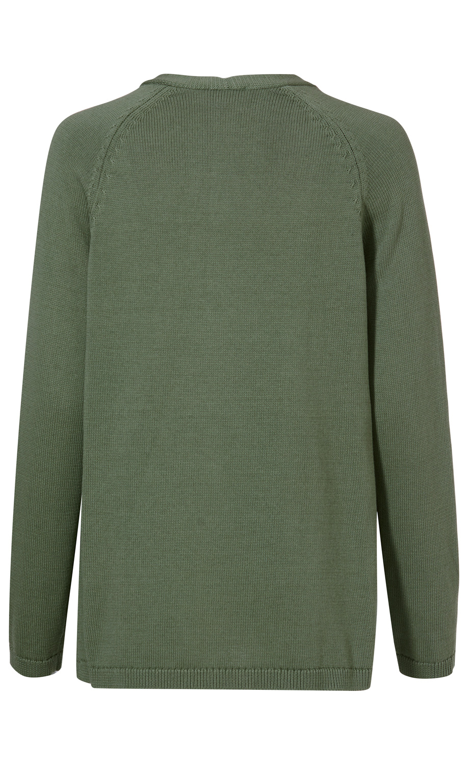 Rückansicht einer olivgrünen Baumwoll-Strickjacke mit langem Arm, Rundhalsausschnitt und feiner Strickstruktur, Saum und Ärmelenden mit Rippenstrickabschluss