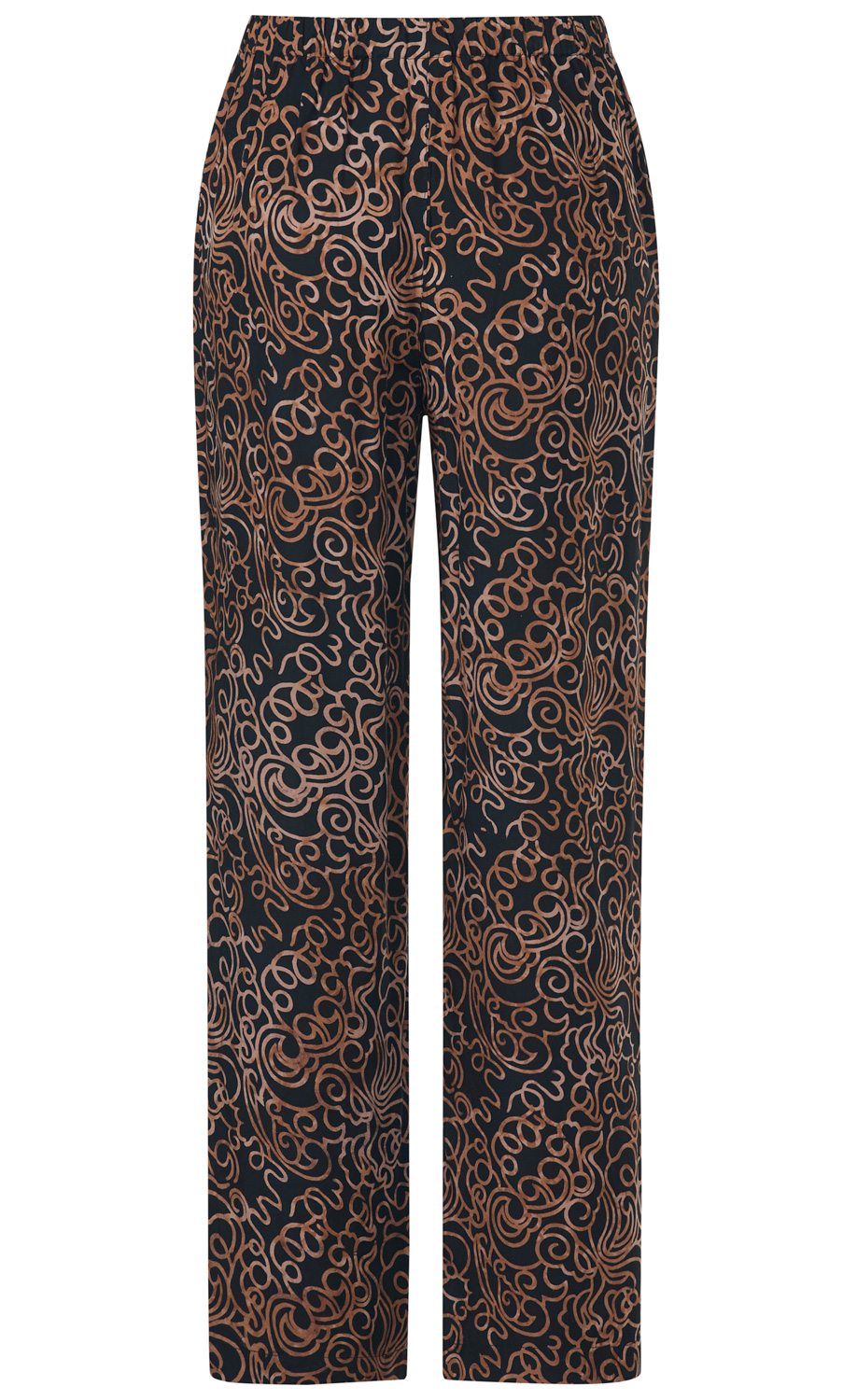 Viskose-Hose in Schwarz mit braunem, abstraktem, geschwungenem Muster, gerader Schnitt, elastischer Bund, lange Beine.