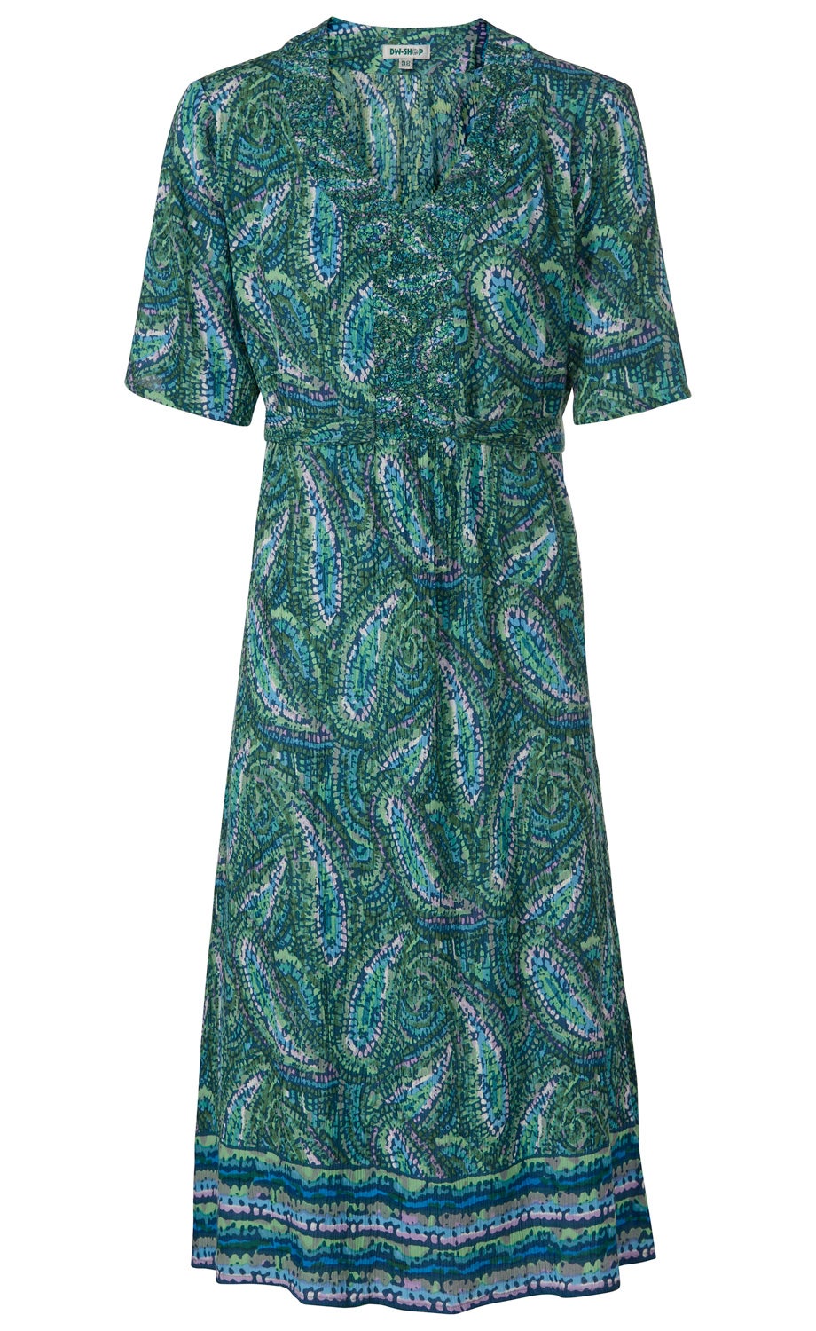 Viskose-Kleid mit kurzem Arm, V-Ausschnitt, gerafftem Brustbereich, Wickeloptik und elastischem Bund, gemustert mit abstraktem Paisley-Design in Grün, Blau, Türkis und Lila, Saum mit kontrastierendem Streifenmuster.