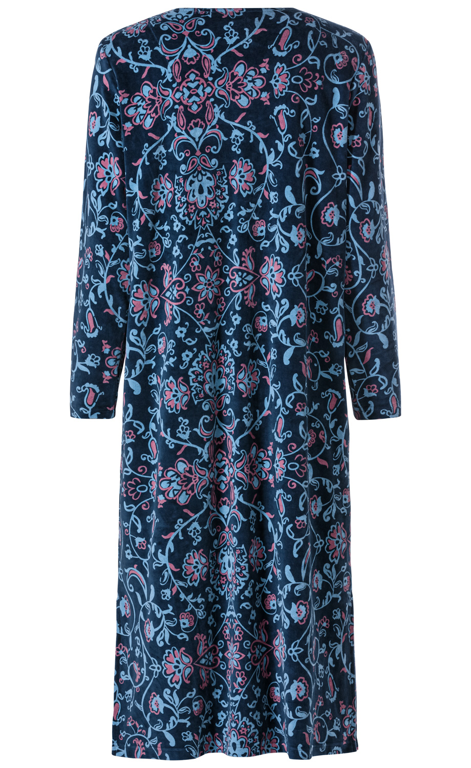 Rückansicht Baumwoll-Hauskleid aus dunklem Stoff mit blau-rosa floralem Ornamentmuster, langärmlig, knielang, gerade geschnitten