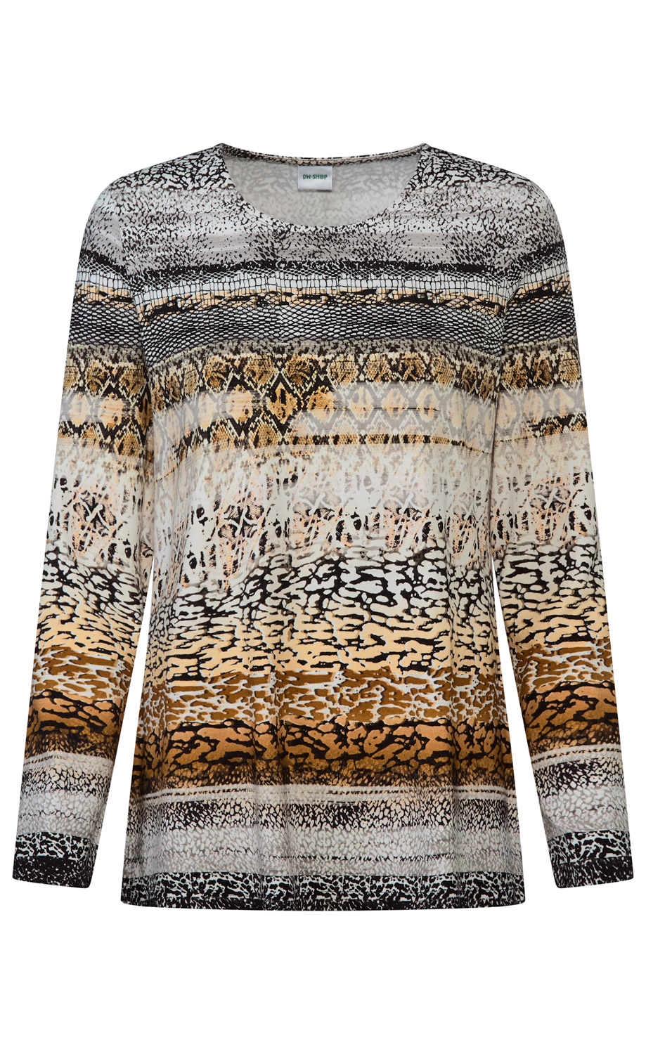 Damenpullover mit langem Arm, Rundhalsausschnitt, mehrfarbiges Design in Braun-, Beige-, Schwarz- und Weißtönen, gemustert mit Streifen und Tierfelloptik, gerade geschnitten