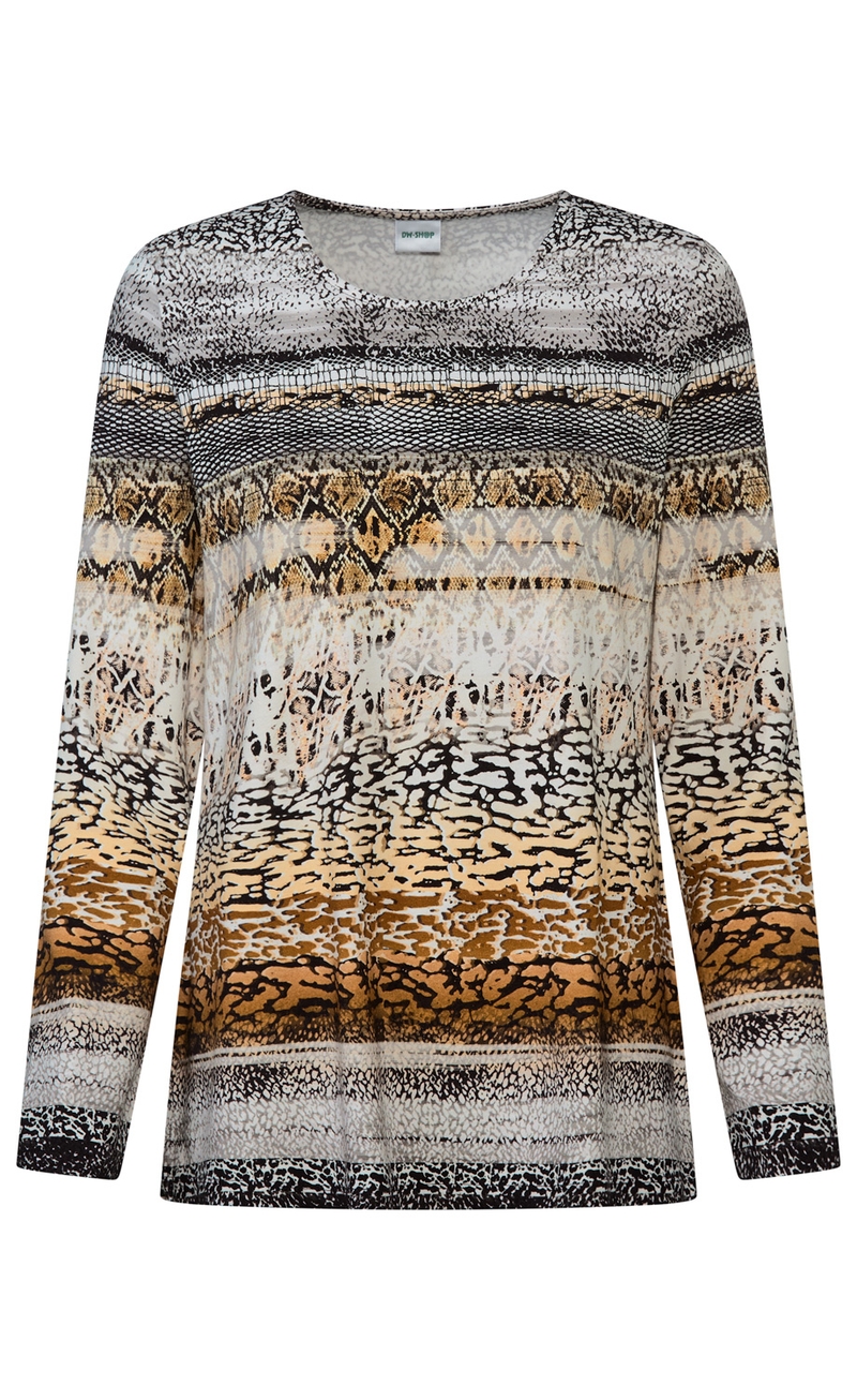 Damenpullover mit langem Arm, Rundhalsausschnitt, mehrfarbiges Design in Braun-, Beige-, Schwarz- und Weißtönen, gemustert mit Streifen und Tierfelloptik, gerade geschnitten