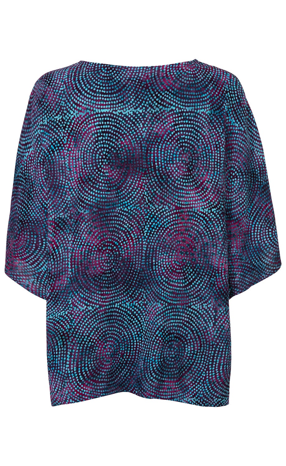 Viskose-Bluse mit weitem Schnitt, kurzen Ärmeln, rundem Ausschnitt, dunkelblauem Grund mit türkisfarbenen und violetten Punktkreismuster, leichter fallender Stoff