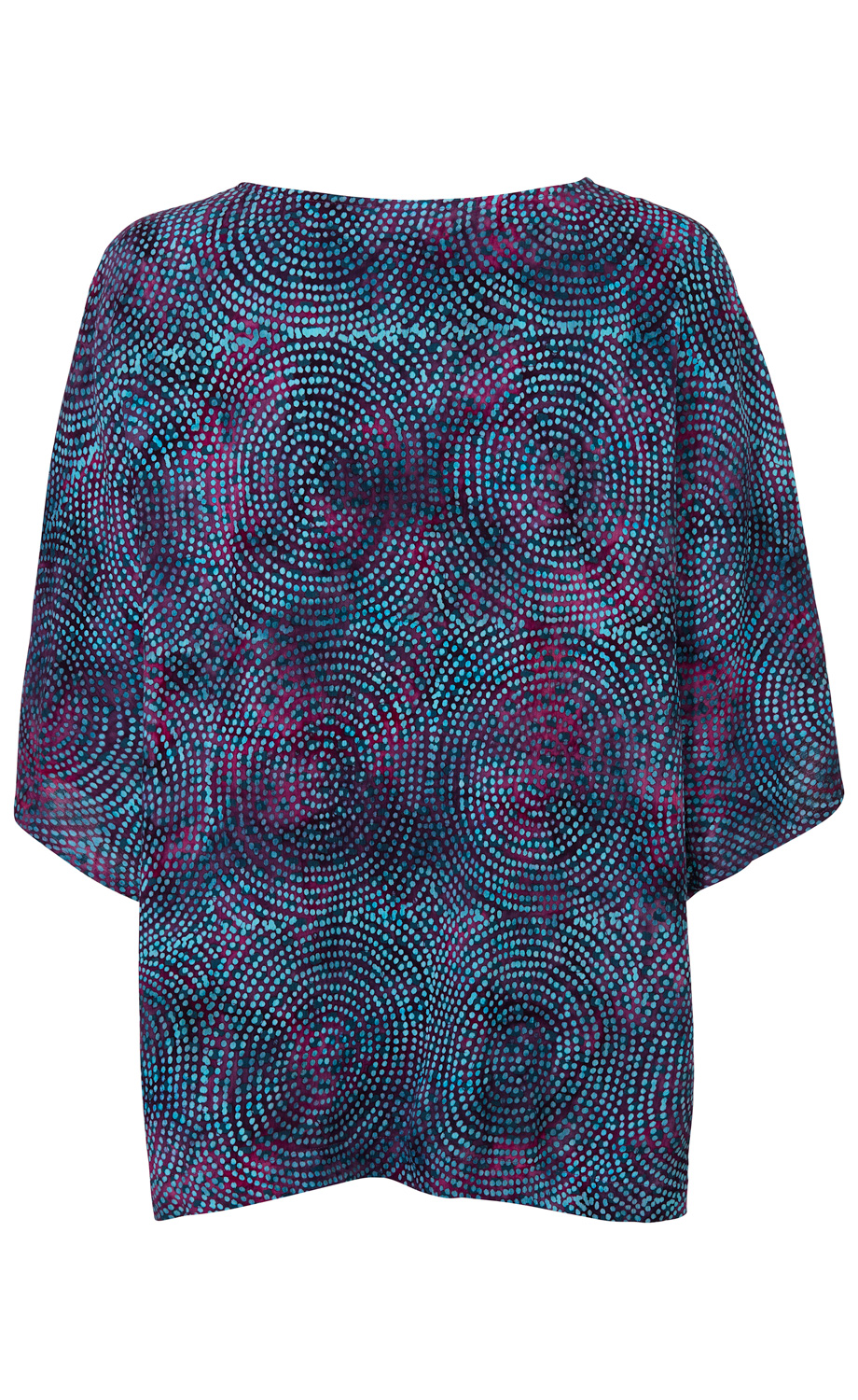Viskose-Bluse mit weitem Schnitt, kurzen Ärmeln, rundem Ausschnitt, dunkelblauem Grund mit türkisfarbenen und violetten Punktkreismuster, leichter fallender Stoff