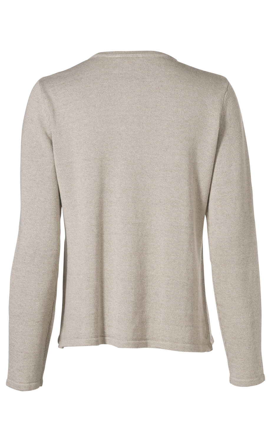 Leicht strukturierte Leinen-Mix-Strickjacke, hellbeige, langärmlig, gerade geschnitten, schlichtes Design, von hinten fotografiert auf weißem Hintergrund