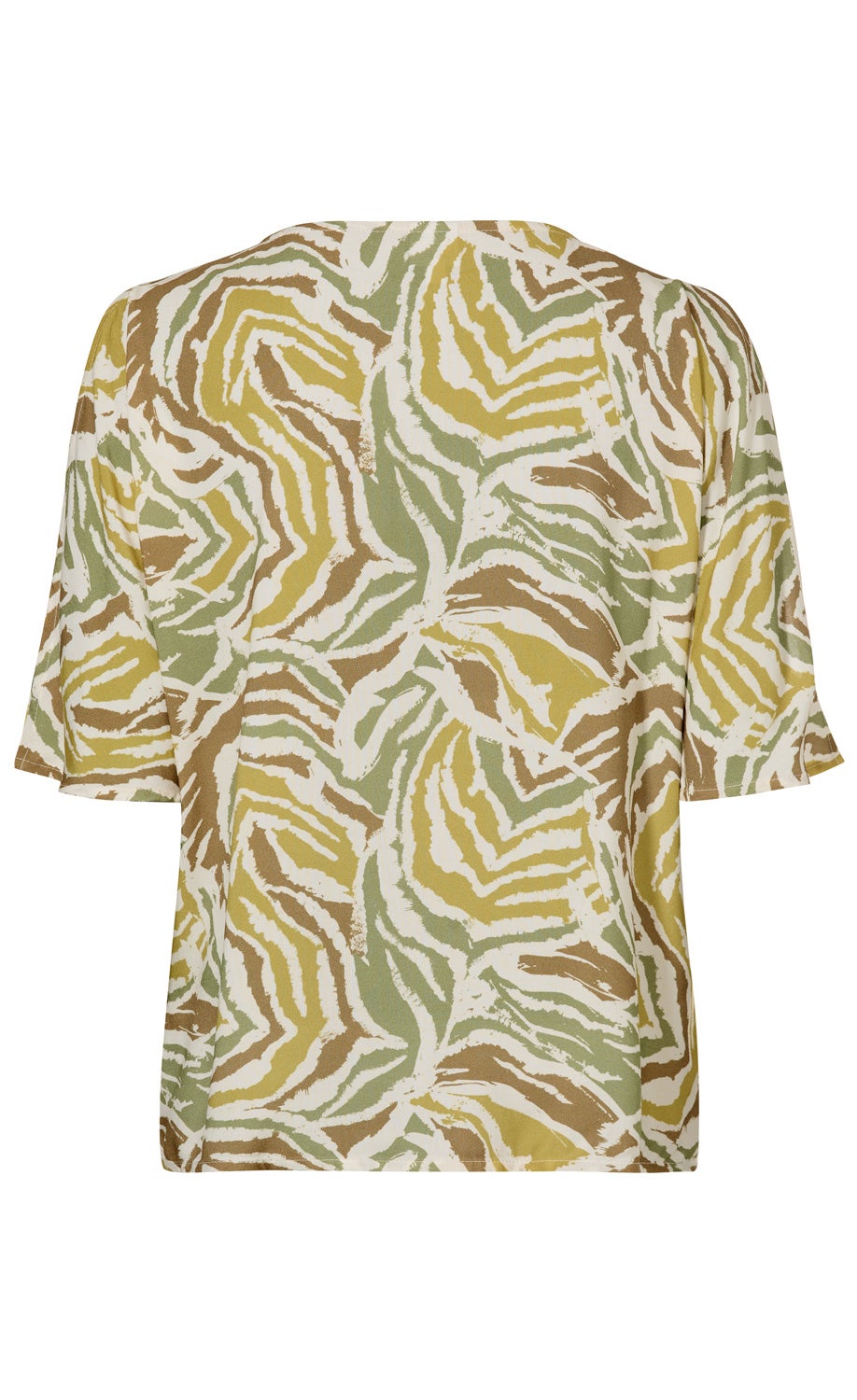 Rückansicht einer Viskose-Bluse mit halblangen Ärmeln und abstraktem Muster in Beige, Olivgrün, Senfgelb und Braun, lockere Passform, Rundhalsausschnitt