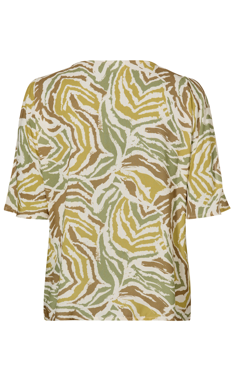 Rückansicht einer Viskose-Bluse mit halblangen Ärmeln und abstraktem Muster in Beige, Olivgrün, Senfgelb und Braun, lockere Passform, Rundhalsausschnitt