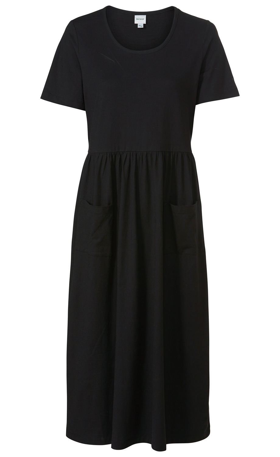 Schwarzes Baumwollkleid mit kurzem Ärmel, rundem Ausschnitt, tailliertem Schnitt und zwei aufgesetzten Taschen vorne, knielang, schlicht und bequem