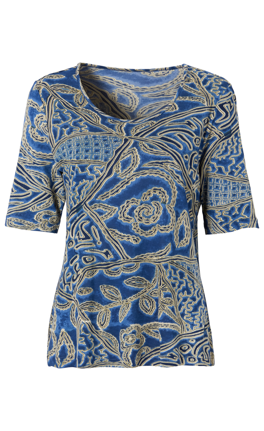 Blaues Viskose-Shirt mit halblangen Ärmeln und Rundhalsausschnitt, mit beigem floralen und geometrischen Muster bedruckt, eng anliegend geschnitten.