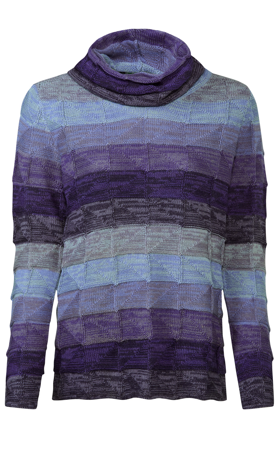 langärmliger Strickpullover mit Rollkragen in verschiedenen Blau- und Lilatönen, geometrisches Muster, karierter Strick, weich und gemütlich, normaler Schnitt
