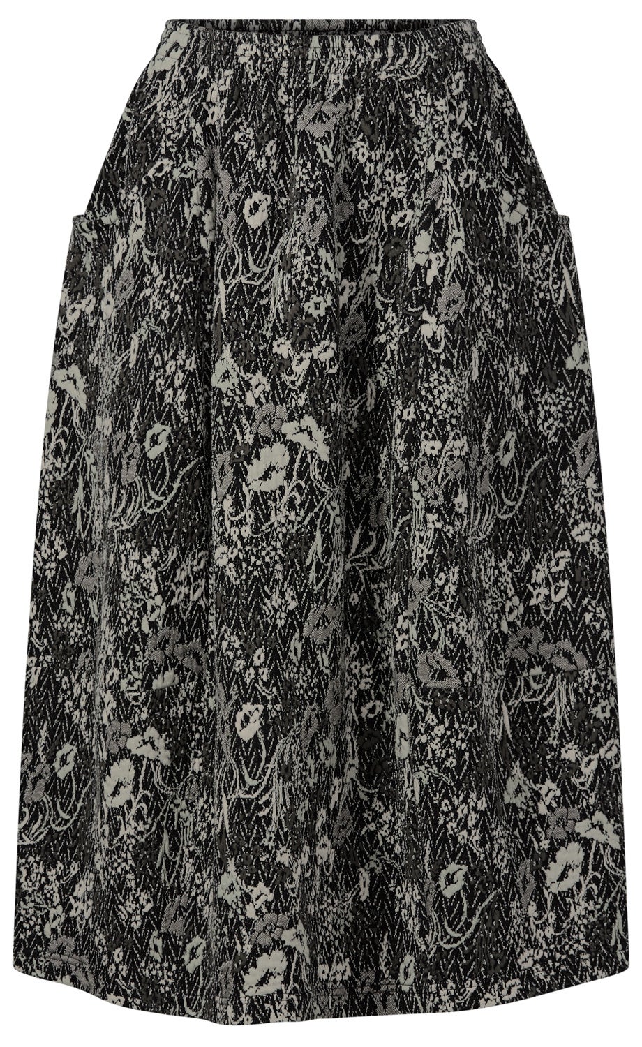 schwarzer Rock mit elastischem Bund, grauem floralem Muster und seitlichen Eingrifftaschen, knieumspielende Länge, lockere Passform